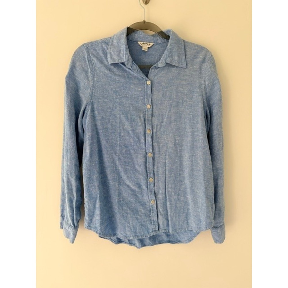Orvis Classic Blue Linen Blend Button Up Shirt Womens Small Long Sleeve